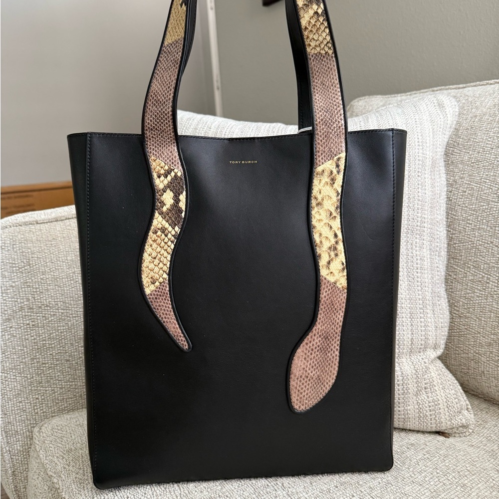 Tory Burch Black and Snake Print Tote